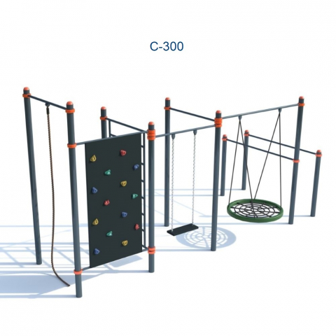 Workout KIDS - Complex sportiv Workout KIDS C-300 pentru copii, cu leagăne, panou de escaladă, frânghie și bare