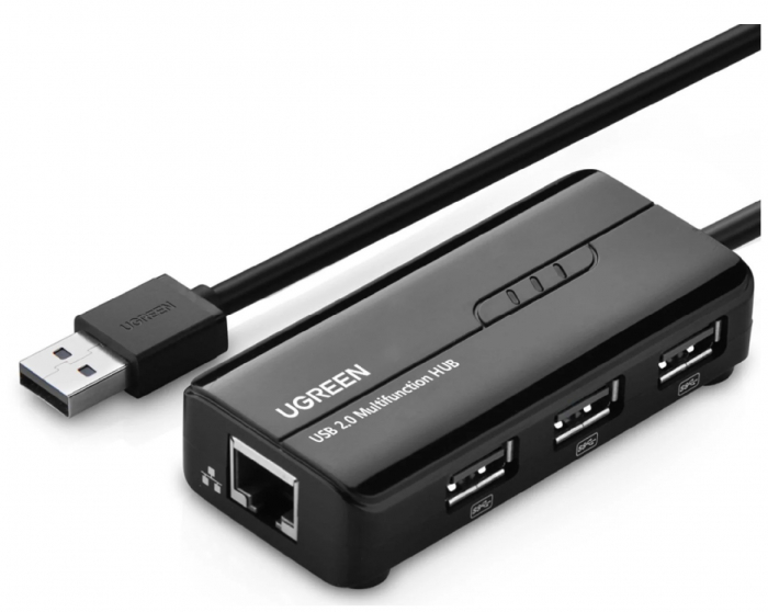 ADAPTOR RETEA Ugreen, "20264" extern, USB 2.0 (T) la port RJ-45 10/100 Mbps, porturi USB: USB 2.0 x 3, LED, negru [1]