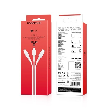 Cablu de incarcare Borofone, 3in1 MicroUSB/Lightning/USB-C, BX16 Easy, Alb [4]