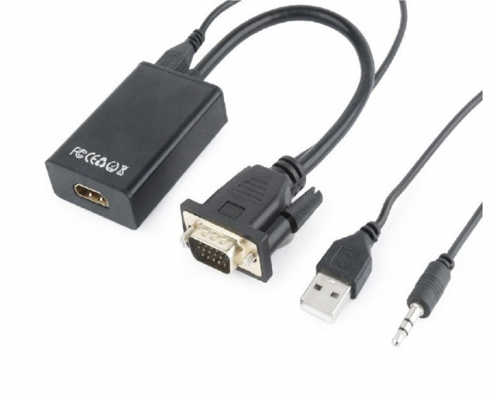 CABLU video GEMBIRD, adaptor VGA (T) + Jack 3.5mm (T) la HDMI (M), 15cm, rezolutie maxima Full HD (1920 x 1080) la 60Hz, conecteaza placa video cu VGA la monitor HDMI, cablu power USB, negru [1]
