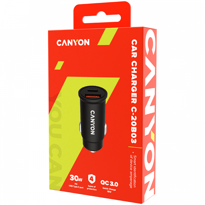 CANYON C-20B03, PD 30W/QC3.0 18W Pocket size car charger with 1-USB A+ 1-USB-C Input: DC12V-24V, Output: USBC: PD30W( 5V3A/9V3A/12V2.5A/15V2A/20V1.5A),USB-A:QC3.0 18W (5V3A [3]