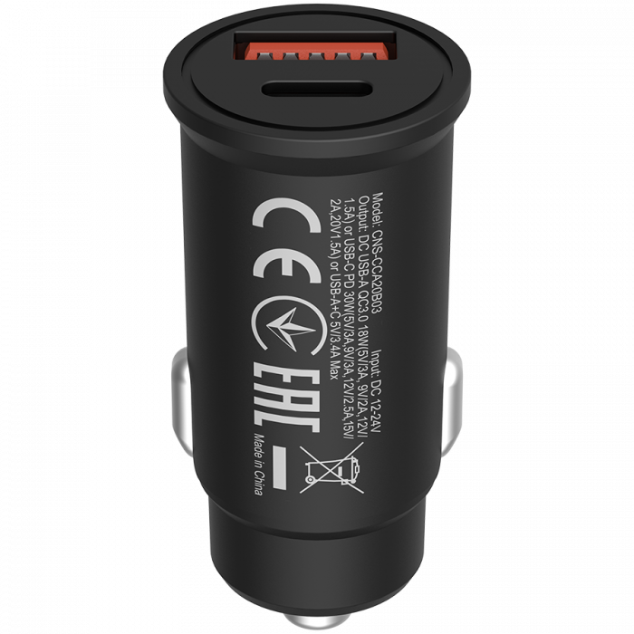 CANYON C-20B03, PD 30W/QC3.0 18W Pocket size car charger with 1-USB A+ 1-USB-C Input: DC12V-24V, Output: USBC: PD30W( 5V3A/9V3A/12V2.5A/15V2A/20V1.5A),USB-A:QC3.0 18W (5V3A [2]