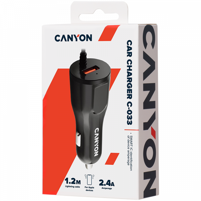 CANYON car charger C-033 2.4A/USB-A built-in Lightning Black [3]