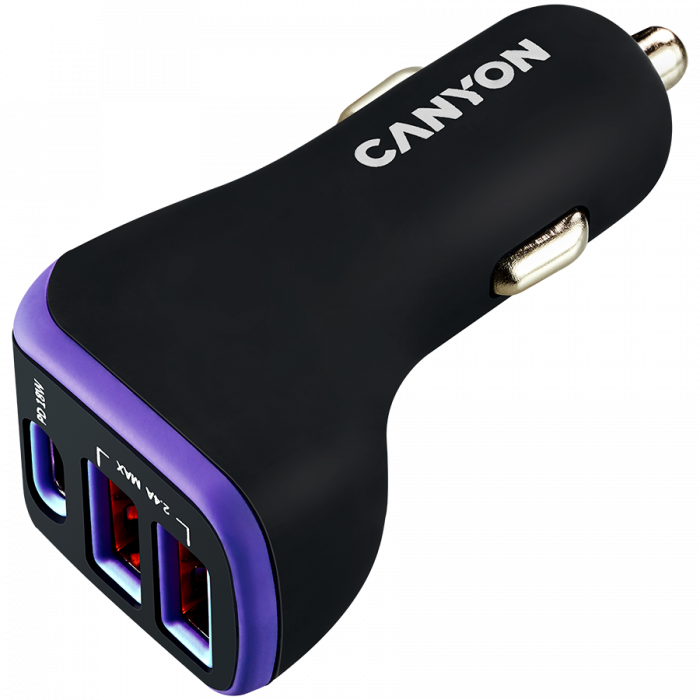 CANYON car charger C-08 PD 18W USB-C 2USB-A Black Purple [2]