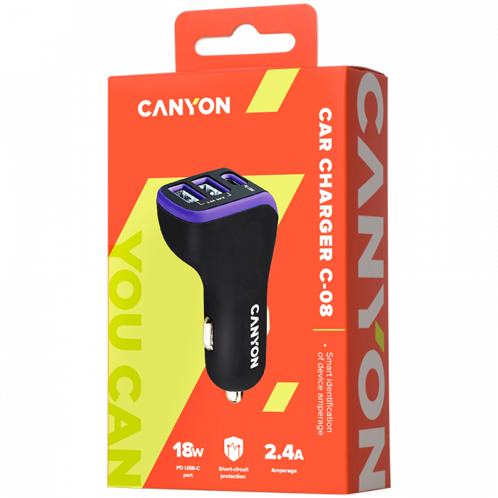CANYON car charger C-08 PD 18W USB-C 2USB-A Black Purple [4]