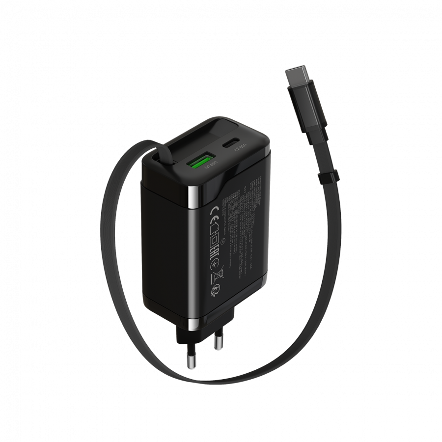 CANYON charger OnCharge 65RC Build-In Cable USB-C 65W 1xPD 1xQC EU Black [2]