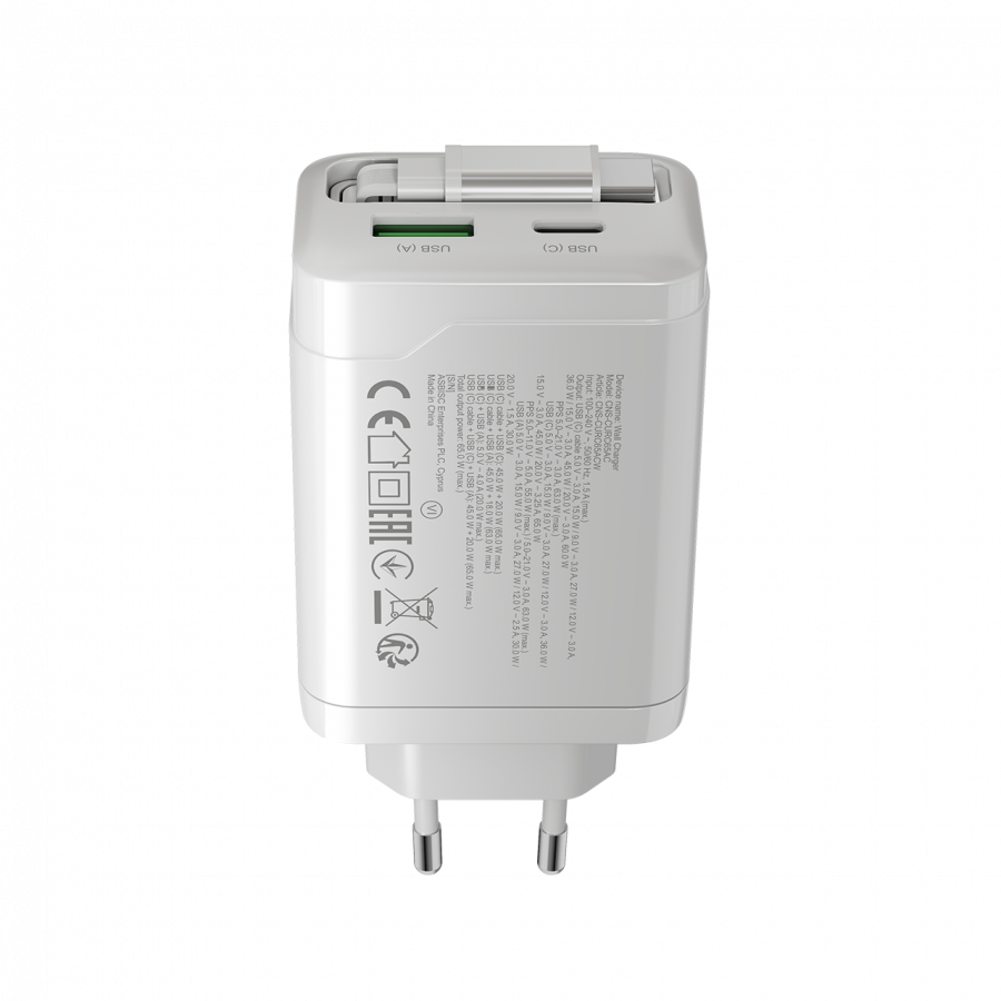 CANYON charger OnCharge 65RC Build-In Cable USB-C 65W 1xPD 1xQC EU White [5]