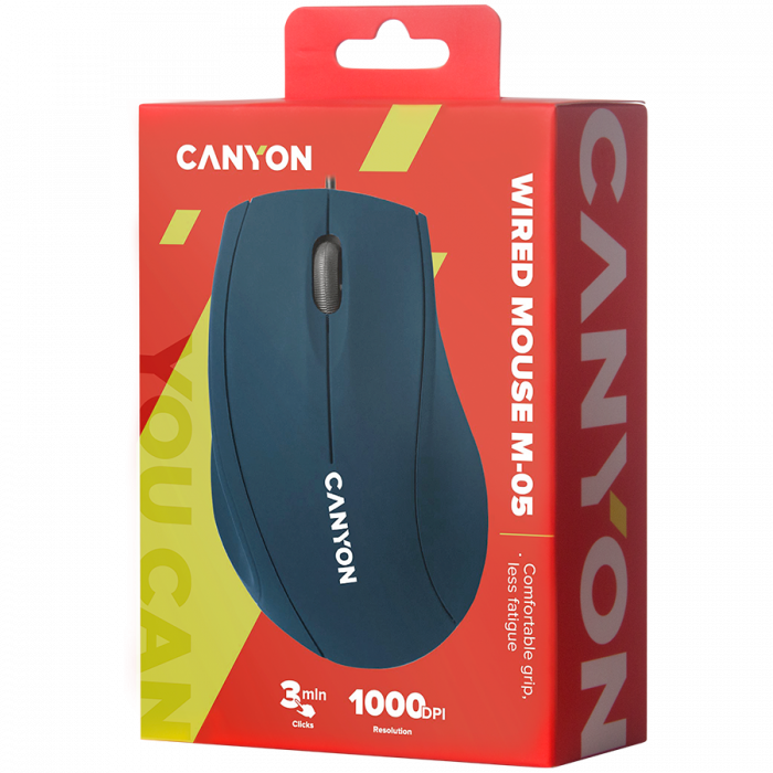 CANYON M-05, Wired Optical Mouse with 3 keys, DPI 1000 With 1.5M USB cable,Blue,size72*108*40mm weight:0.077kg [4]