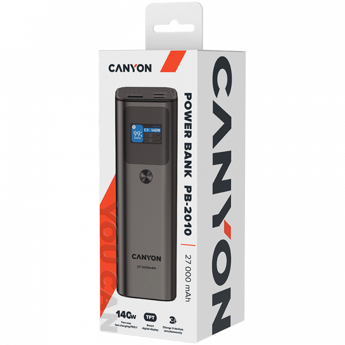 CANYON power bank PB-2010 TFT 27000 mAh 97.2Wh PD140W QC 3.0 Dark Grey [7]