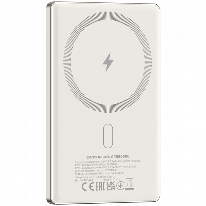 CANYON power bank OnPower 505 slim Magsafe 5000 mAh PD20W Beige [4]