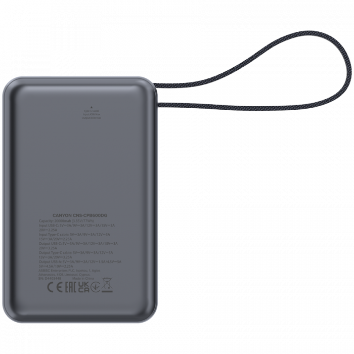 CANYON power bank OnPower 600 built-in cable 20000 mAh PD65W Dark Grey [5]