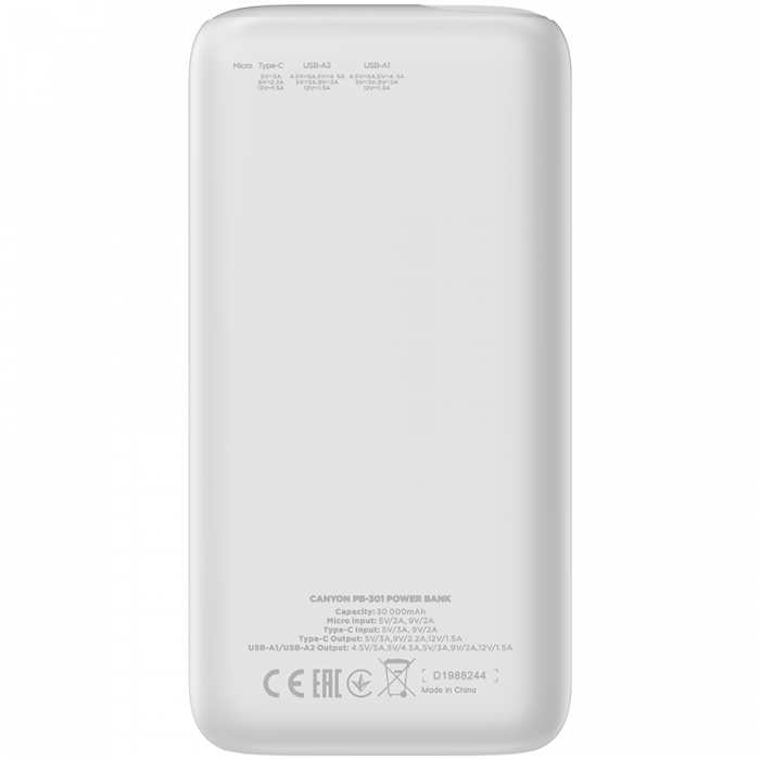 CANYON power bank PB-301 LED 30000 mAh PD 20W QC 3.0 White [3]