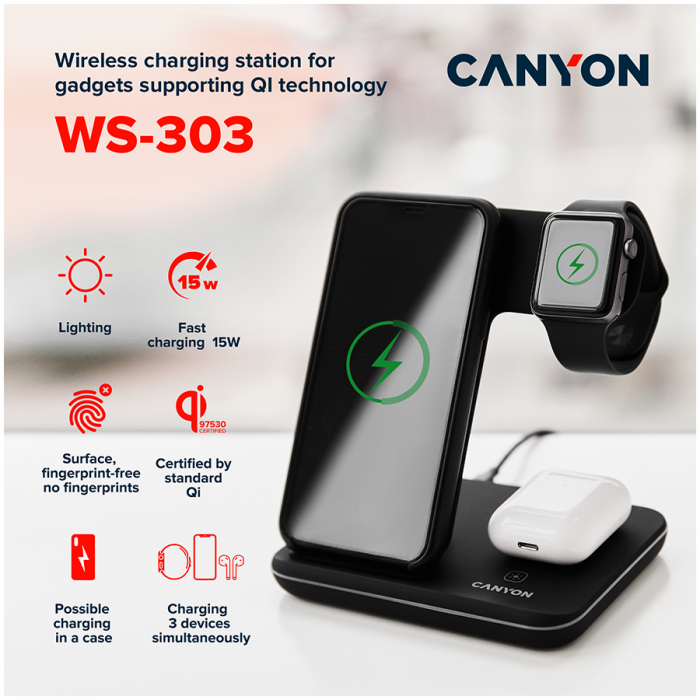 CANYON wireless charger WS-303 15W 3in1 Gray [9]