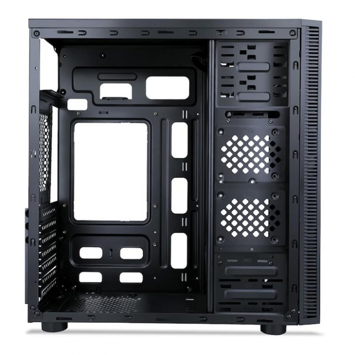 Carcasa Segotep BS Plus neagra, SPCC Steel (0.7mm) ATX Mid Tower, fara sursa (tip ATX, montata sus), interior vopsit negru, 2x 5.25” (extern), 2x3.5” (intern), 3x2.5” (intern), fata – 1x 120mm fans (o [6]
