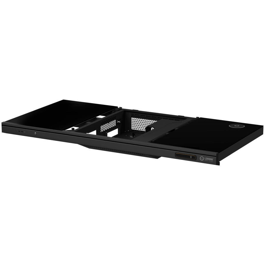 Dual-motor sit/stand adjustable-height gaming desk with built-in PC case, wireless charger, RGB lighting, control panel, and USB ports, tempered glass tabletop, black. [6]