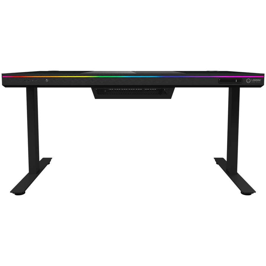 Dual-motor sit/stand adjustable-height gaming desk with built-in PC case, wireless charger, RGB lighting, control panel, and USB ports, tempered glass tabletop, black. [3]