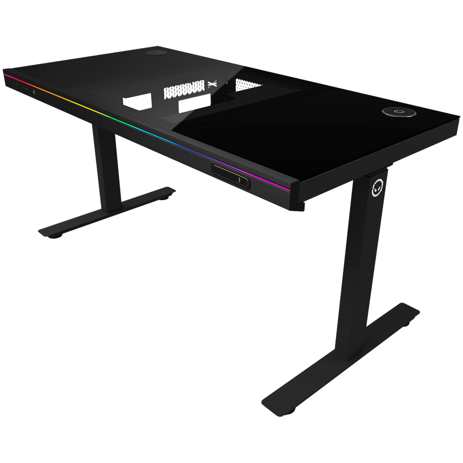 Dual-motor sit/stand adjustable-height gaming desk with built-in PC case, wireless charger, RGB lighting, control panel, and USB ports, tempered glass tabletop, black. [2]