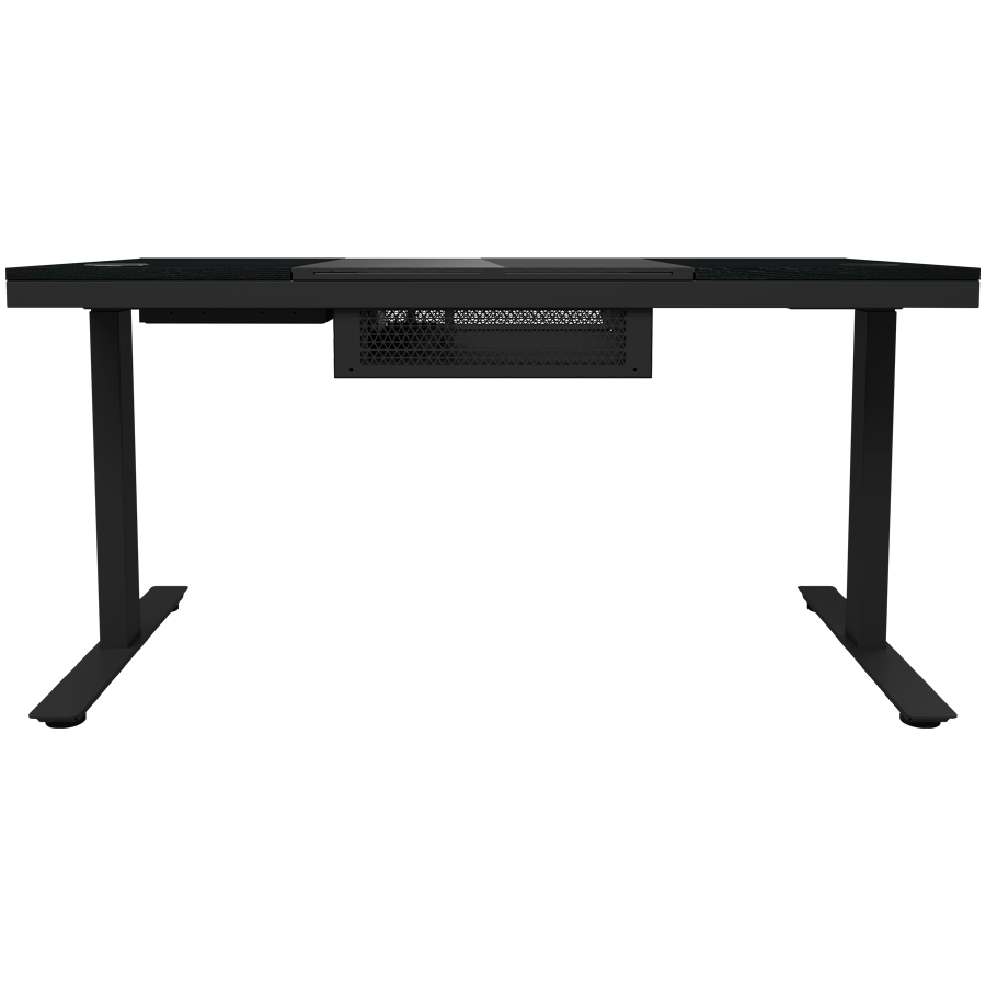 Dual-motor sit/stand adjustable-height gaming desk with built-in PC case, wireless charger, RGB lighting, control panel, and USB ports, tempered glass tabletop, black. [5]