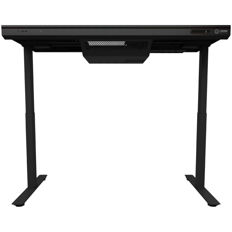 Dual-motor sit/stand adjustable-height gaming desk with built-in PC case, wireless charger, RGB lighting, control panel, and USB ports, tempered glass tabletop, black. [4]
