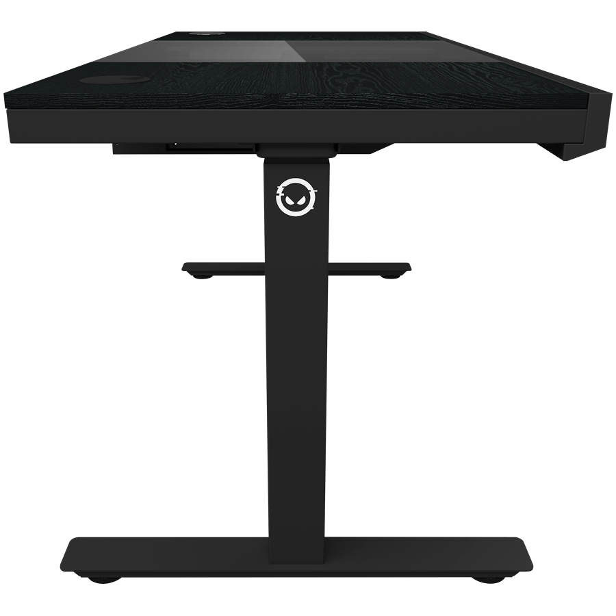 Dual-motor sit/stand adjustable-height gaming desk with built-in PC case, wireless charger, RGB lighting, control panel, and USB ports, wooden tabletop, black. [4]