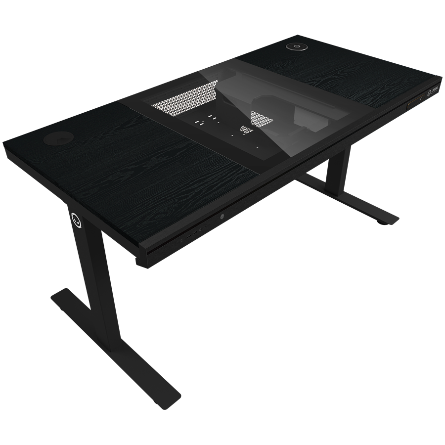 Dual-motor sit/stand adjustable-height gaming desk with built-in PC case, wireless charger, RGB lighting, control panel, and USB ports, wooden tabletop, black. [3]