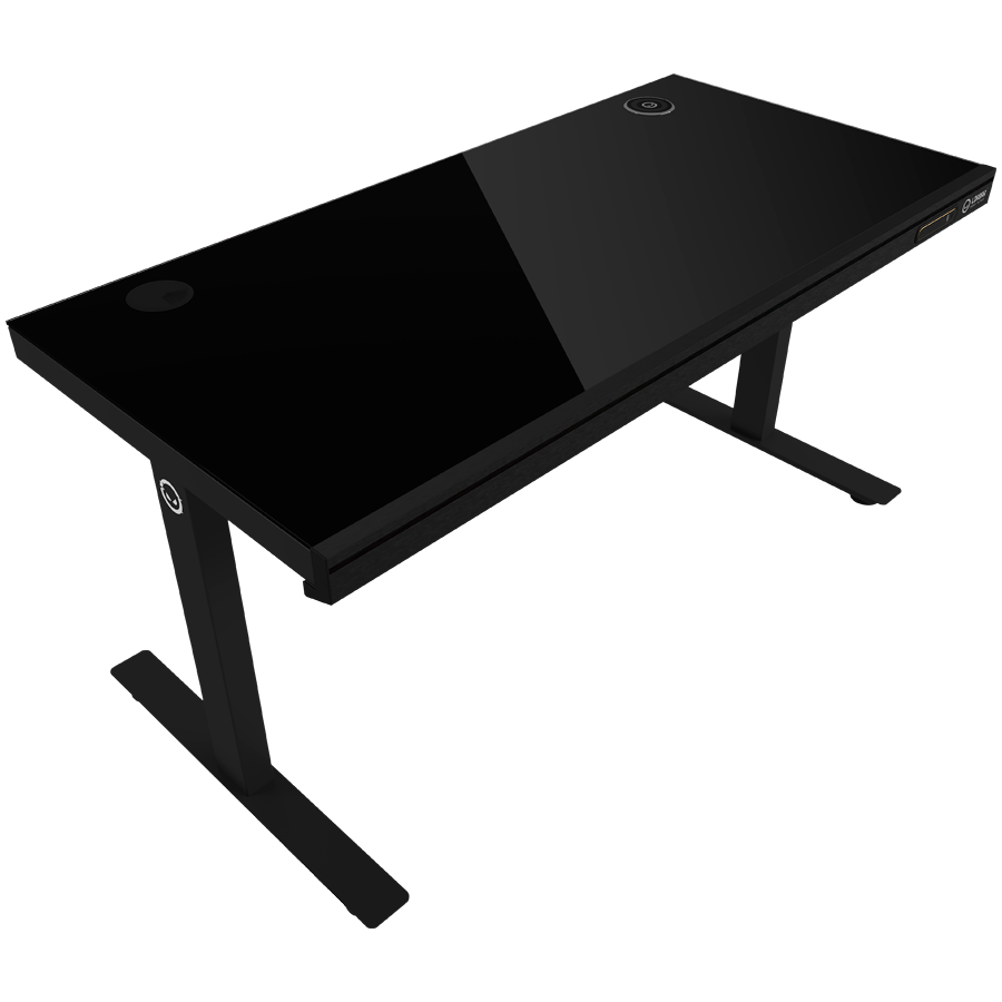 Dual-motor sit/stand adjustable-height gaming desk with wireless charger, RGB lighting, control panel, and USB ports, solid tempered glass tabletop, black. [4]