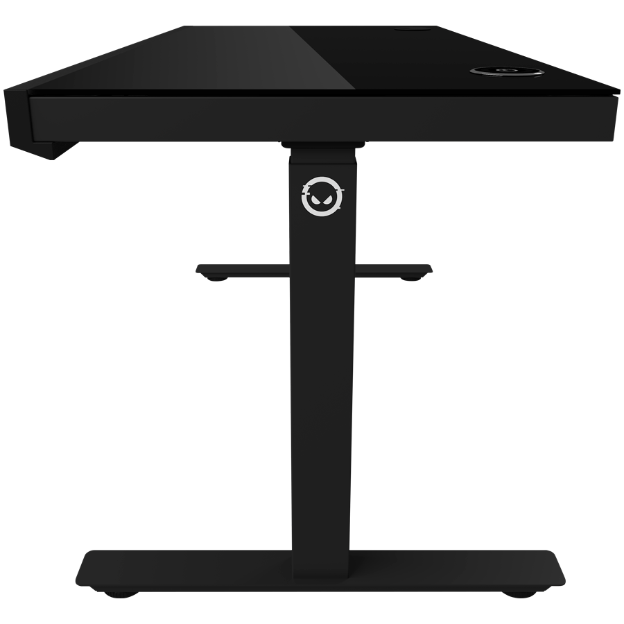 Dual-motor sit/stand adjustable-height gaming desk with wireless charger, RGB lighting, control panel, and USB ports, solid tempered glass tabletop, black. [8]