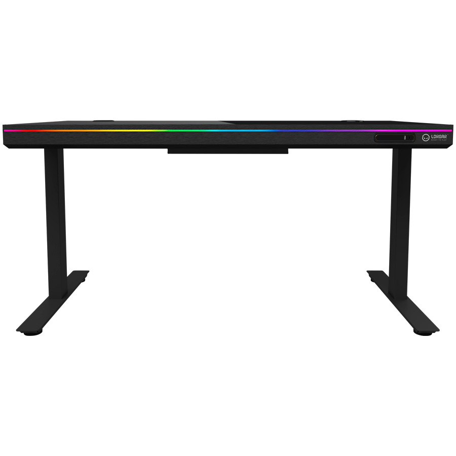 Dual-motor sit/stand adjustable-height gaming desk with wireless charger, RGB lighting, control panel, and USB ports, solid tempered glass tabletop, black. [3]