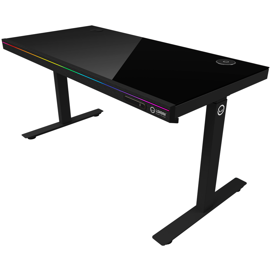 Dual-motor sit/stand adjustable-height gaming desk with wireless charger, RGB lighting, control panel, and USB ports, solid tempered glass tabletop, black. [2]