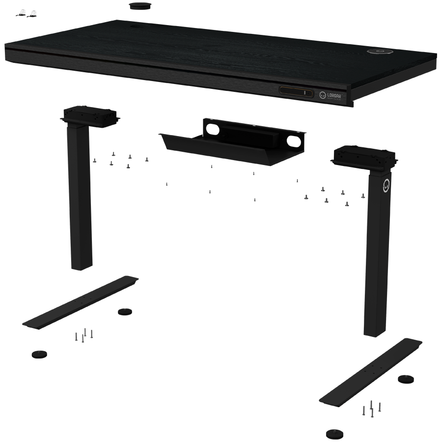 Dual-motor sit/stand adjustable-height gaming desk with wireless charger, RGB lighting, control panel, and USB ports, solid wooden tabletop, black. [4]