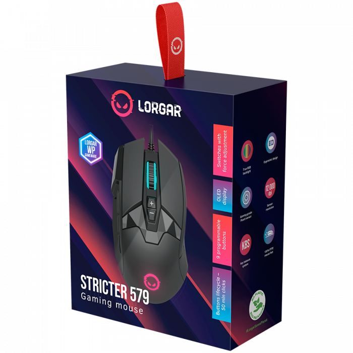 LORGAR Stricter 579, gaming mouse, 9 programmable buttons, Pixart PMW3336 sensor, DPI up to 12 000, 50 million clicks buttons lifespan, 2 switches, built-in display, 1.8m USB soft silicone cable, Matt [8]