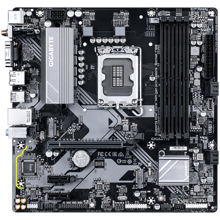 GIGABYTE Mainboard Desktop B760M D3HP WIFI6 (LGA1700, 4 x DDR5, 1 x D-Sub, 1 x HDMI, 1 x DisplayPort, GLAN, Wi-Fi 6, BT5.3, 1 x PCIe x16 4.0, 2 x PCIe x1 3.0, 2 x M.2, 4 x SATA) mATX [2]