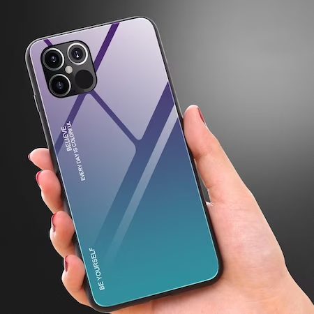 Husa pentru iPhone 12 Pro Max, Gradient Glass Durable, Spate din Sticla Securizata, Verde / Violet [1]