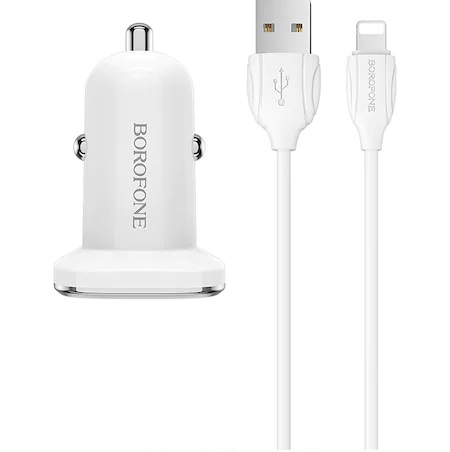 Incarcator auto Borofone, BZ12 Lasting, dual USB, 2.4A, cablu tip Lightning inclus, 1m, Alb [4]