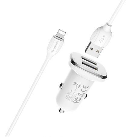 Incarcator auto Borofone, BZ12 Lasting, dual USB, 2.4A, cablu tip Lightning inclus, 1m, Alb [1]