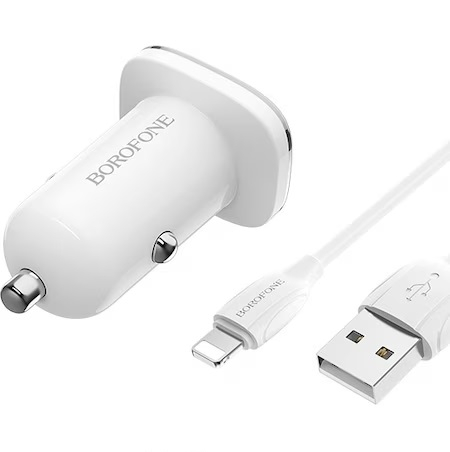 Incarcator auto Borofone, BZ12 Lasting, dual USB, 2.4A, cablu tip Lightning inclus, 1m, Alb [3]