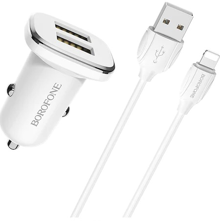 Incarcator auto Borofone, BZ12 Lasting, dual USB, 2.4A, cablu tip Lightning inclus, 1m, Alb [5]