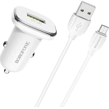 Incarcator auto Borofone, BZ12A Lasting, dual USB QC3.0, 3.6A, cablu MicroUSB inclus, 1m, Alb [2]