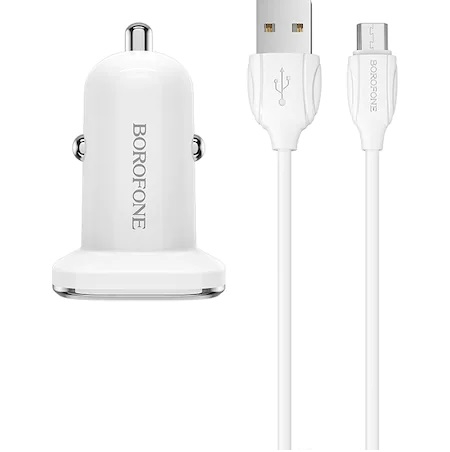 Incarcator auto Borofone, BZ12A Lasting, dual USB QC3.0, 3.6A, cablu MicroUSB inclus, 1m, Alb [1]