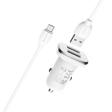 Incarcator Auto cu cablu MicroUSB Borofone BZ12, 2 X USB, 2.4A, 1m, Alb [3]