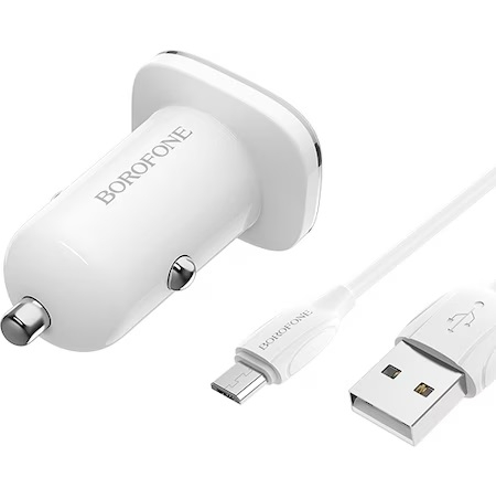 Incarcator Auto cu cablu MicroUSB Borofone BZ12, 2 X USB, 2.4A, 1m, Alb [1]