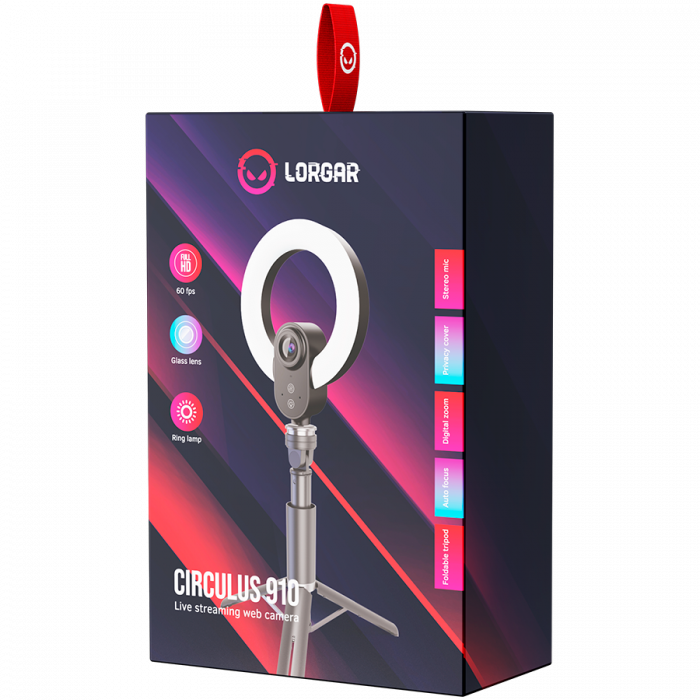 LORGAR Circulus 910, Streaming web camera, 5MP 2592X1944 max resolution, up to 60fps, 1/2.8", Sony STARVIS CMOS image sensor, full glass lens, 5.5'' built-in ring light (1700-14 000K), foldable tripod [6]