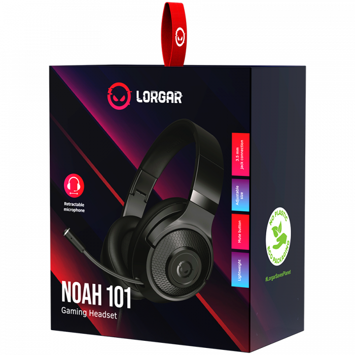LORGAR Noah 101, Gaming headset with microphone, 3.5mm jack connection, cable length 2m, foldable design, PU leather ear pads, size: 185*195*80mm, 0.245kg, black [7]