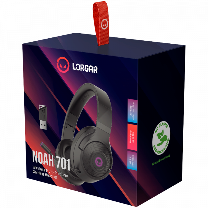 LORGAR Noah 701, gaming headset with microphone, 2.4GHz USB dongle + BT 5.1 Realtek 8763, battery 1000mAh, type-C charging cable 0.8m, audio cable 1.5m, size:195*185*80mm, 0.28kg. Black [5]