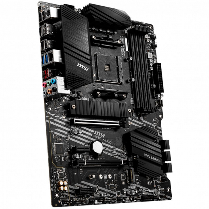 MSI B550-A PRO,ATX, Socket AM4,AMD B550 Chipset,4 DIMMs,Dual Channel DDR4 up to 4400+(OC)MHz,1x PCIe 4.0/3.0 x16 slot,2x M.2 slots,2x USB 3.2 Gen 2 (1x Type-C),2x USB 3.2 Gen 1,4x USB 2.0,1x HDMI,1x D [1]