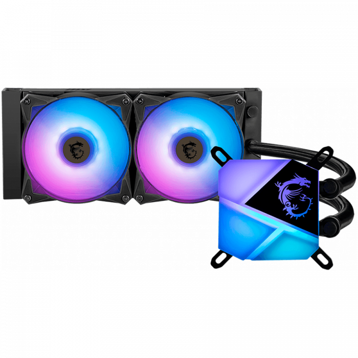 MSI MAG CORELIQUID C240 Liquid Cooler, 2x 120mm ARGB 2000rpm PWM Fans, ARGB Block, Radiator Pump Design, Intel LGA 115x/1200/1700/1366/2011/2066; AMD AM5/AM4/FM2+/FM2/FM1/AM3+/AM3/AM2+/AM2, 3Y Warrant [1]