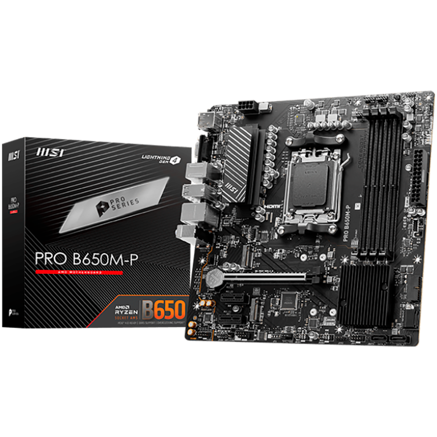 MSI PRO B650M-P,ATX, Socket AM5,AMD B650, 4xDDR5, Dual Channel DDR5 up to 7200+(OC)MHz,1x PCIe 4.0/3.0 x16 slot,2x M.2 slots,2x USB 3.2 Gen 2 (1x Type-C),2x USB 3.2 Gen 1,4x USB 2.0,1x HDMI,1x DP,2.5G [1]