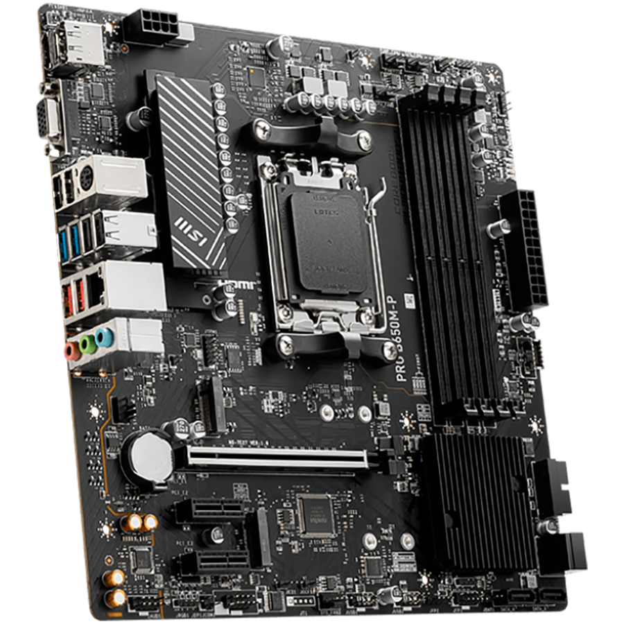 MSI PRO B650M-P,ATX, Socket AM5,AMD B650, 4xDDR5, Dual Channel DDR5 up to 7200+(OC)MHz,1x PCIe 4.0/3.0 x16 slot,2x M.2 slots,2x USB 3.2 Gen 2 (1x Type-C),2x USB 3.2 Gen 1,4x USB 2.0,1x HDMI,1x DP,2.5G [3]