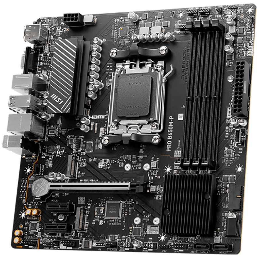 MSI PRO B650M-P,ATX, Socket AM5,AMD B650, 4xDDR5, Dual Channel DDR5 up to 7200+(OC)MHz,1x PCIe 4.0/3.0 x16 slot,2x M.2 slots,2x USB 3.2 Gen 2 (1x Type-C),2x USB 3.2 Gen 1,4x USB 2.0,1x HDMI,1x DP,2.5G [2]