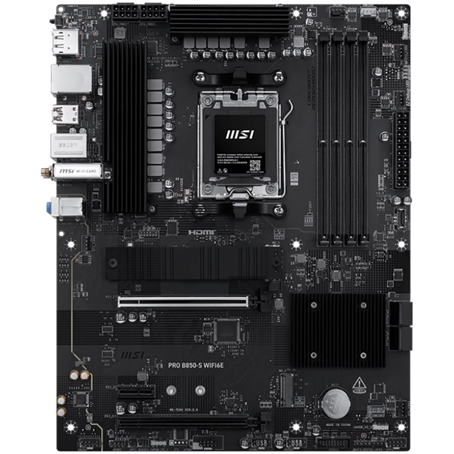 MSI PRO B850-S WIFI6E, ATX, Socket AM5, 4x DDR5 Dual Channel up to 8200(OC)MHz, 2x PCIe x16 slot, 2x M.2 slot, 4x USB 5Gbps, 3x USB 10Gbps, 1x USB 10Gbps Type-C, HDMI, DP, 7.1 HD Audio, 2.5G LAN, WiFI [2]
